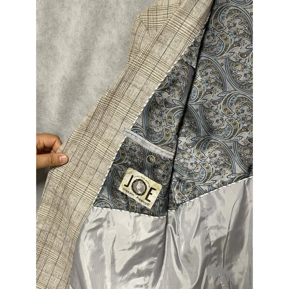 Joseph Abboud Blazer Men 42L Tan Plaid Slim Linen Cotton Casual Sport Coat Luxe